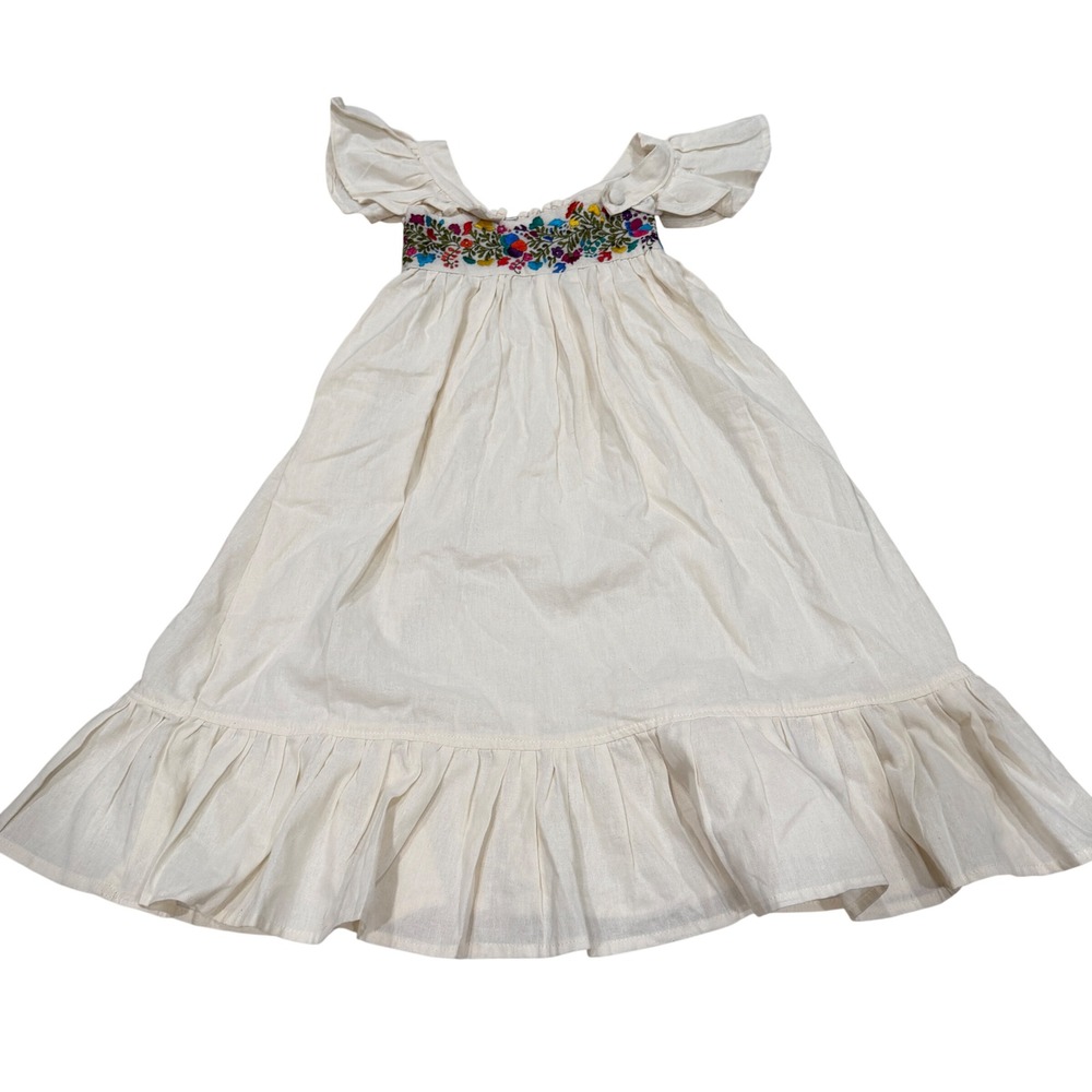 Girls White Floral Embroidered Smocked‎ Ruffle Flutter Sleeve Dress Size 10